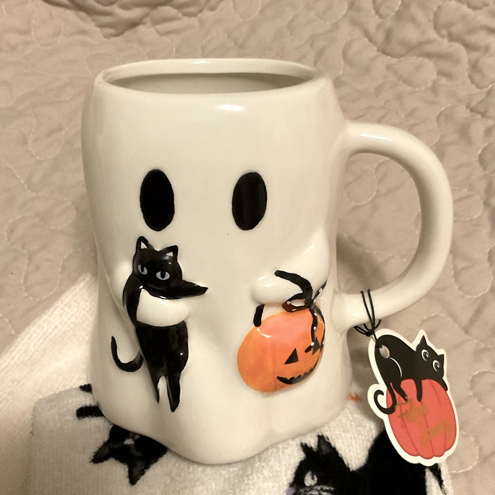 NEW Ghost Mug with Black Cat and Pumpkin + Free 🎁